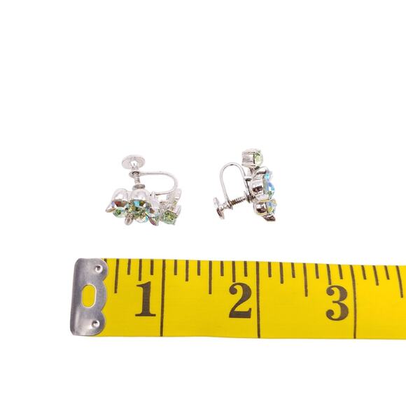 Lisner Earrings Screw Back Silver Tone Blue Flower Rhinestones Green Baguette - Picture 7 of 7